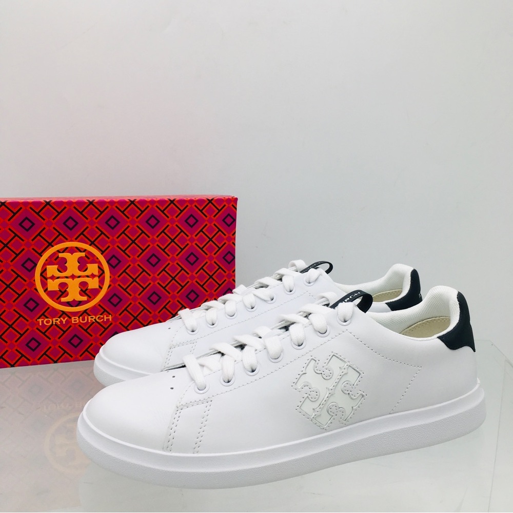 Tory Burch White Leather Low-Top Sneakers with Black Heel Tab